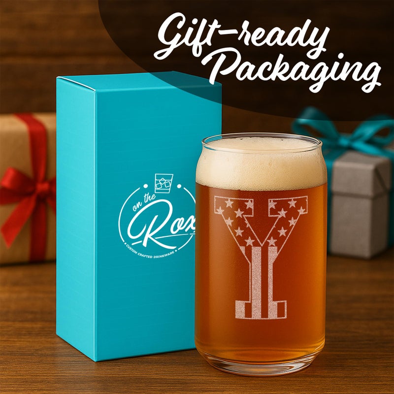 On The Rox Monogram Beer Glasses for Men (A-Z) 16 oz - Beer Gifts for Men Brother Son Dad Neighbor - Unique Gifts for Him - Personalized Drinking Gift Beer Glass Mugs - Engraved Beer Can Glass (Y) - Image 4